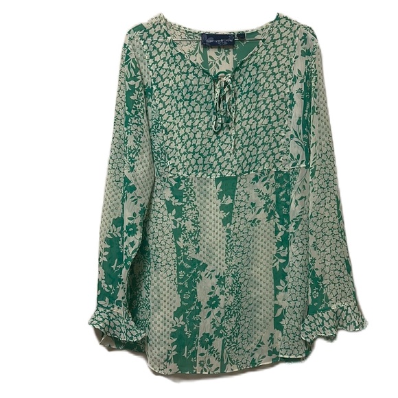 Susan Graver Tops - Susan Graver, Long Ruffled End Sleeves, Light Weight Top, Green/Off White, Lg